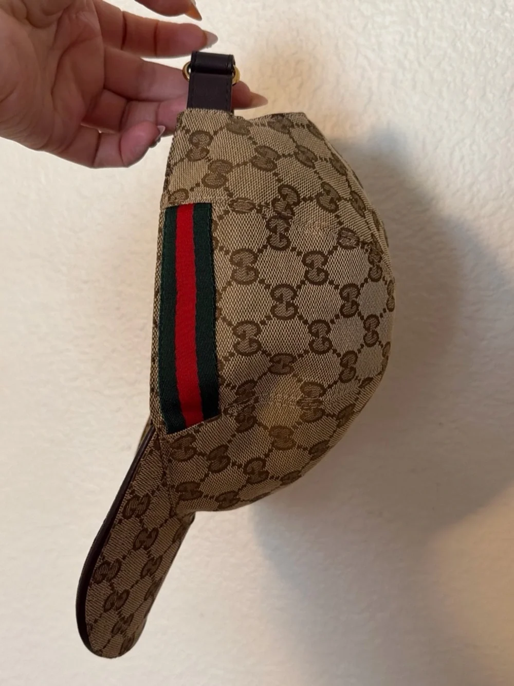 Gucci Brown GG Monogram Baseball Cap with Green & Red Web